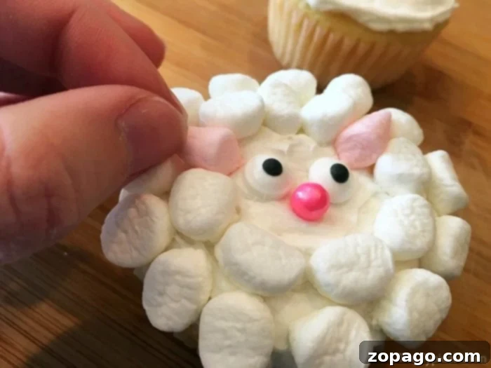 These sheep cupcakes or lamb cupcakes are the cutest you've ever seen and so easy to make with your kids! Perfect Easter cupcakes or for a first Birthday party for either a boy or girl. Here's how you make them and other fun Easter games and treat ideas too. #sheep #lamb #cupcakes #cute #babyshower #dessert #boy #girl #firstbirthday #birthday #easter #spring Close-up of a finished sheep cupcake with candy eyes and a pink candy nose.