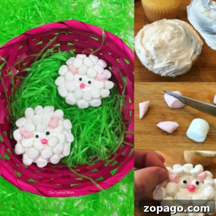 These sheep cupcakes or lamb cupcakes are the cutest you've ever seen and so easy to make with your kids! Perfect Easter cupcakes or for a first Birthday party for either a boy or girl. Here's how you make them and other fun Easter games and treat ideas too. #sheep #lamb #cupcakes #cute #babyshower #dessert #boy #girl #firstbirthday #birthday #easter #spring Easter basket adorned with two adorable sheep cupcakes nestled on green grass. Nearby, the delightful process of creating these sheep treats unfolds, using marshmallows, frosting, and sprinkles to perfect the whimsical design.