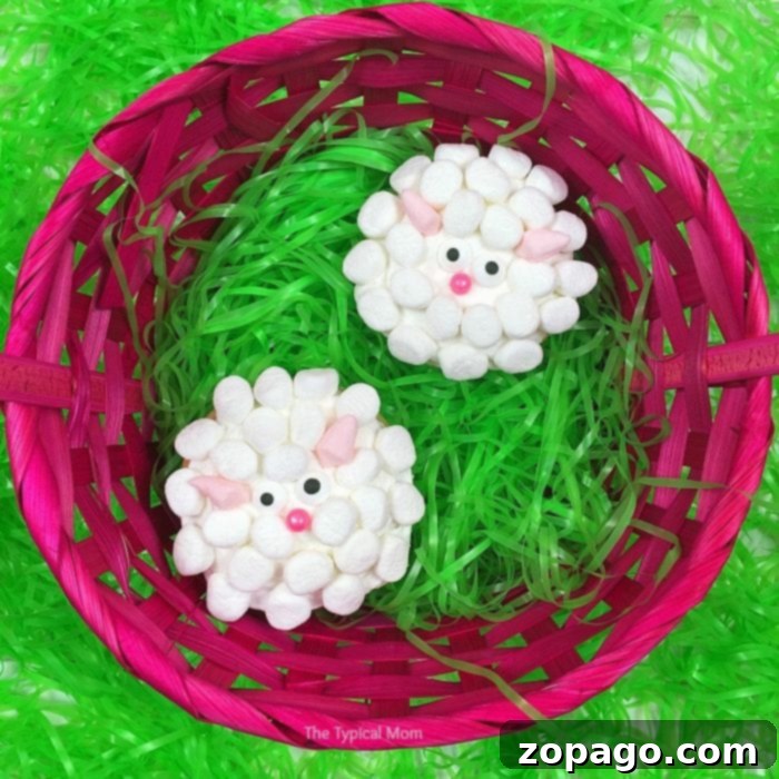 These sheep cupcakes or lamb cupcakes are the cutest you've ever seen and so easy to make with your kids! Perfect Easter cupcakes or for a first Birthday party for either a boy or girl. Here's how you make them and other fun Easter games and treat ideas too. #sheep #lamb #cupcakes #cute #babyshower #dessert #boy #girl #firstbirthday #birthday #easter #spring Two finished sheep cupcakes on a wooden surface, showing intricate marshmallow details.