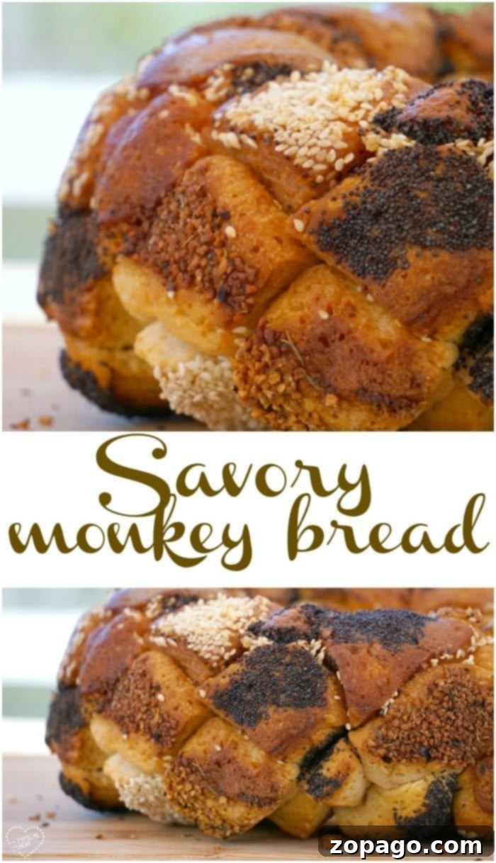 Savory monkey bread is the best along side pasta!! Super easy to make and looks beautiful as an appetizer or side dish or any occasion. #savory #monkeybread A large, golden-brown savory monkey bread loaf on a serving platter, ready to be pulled apart.