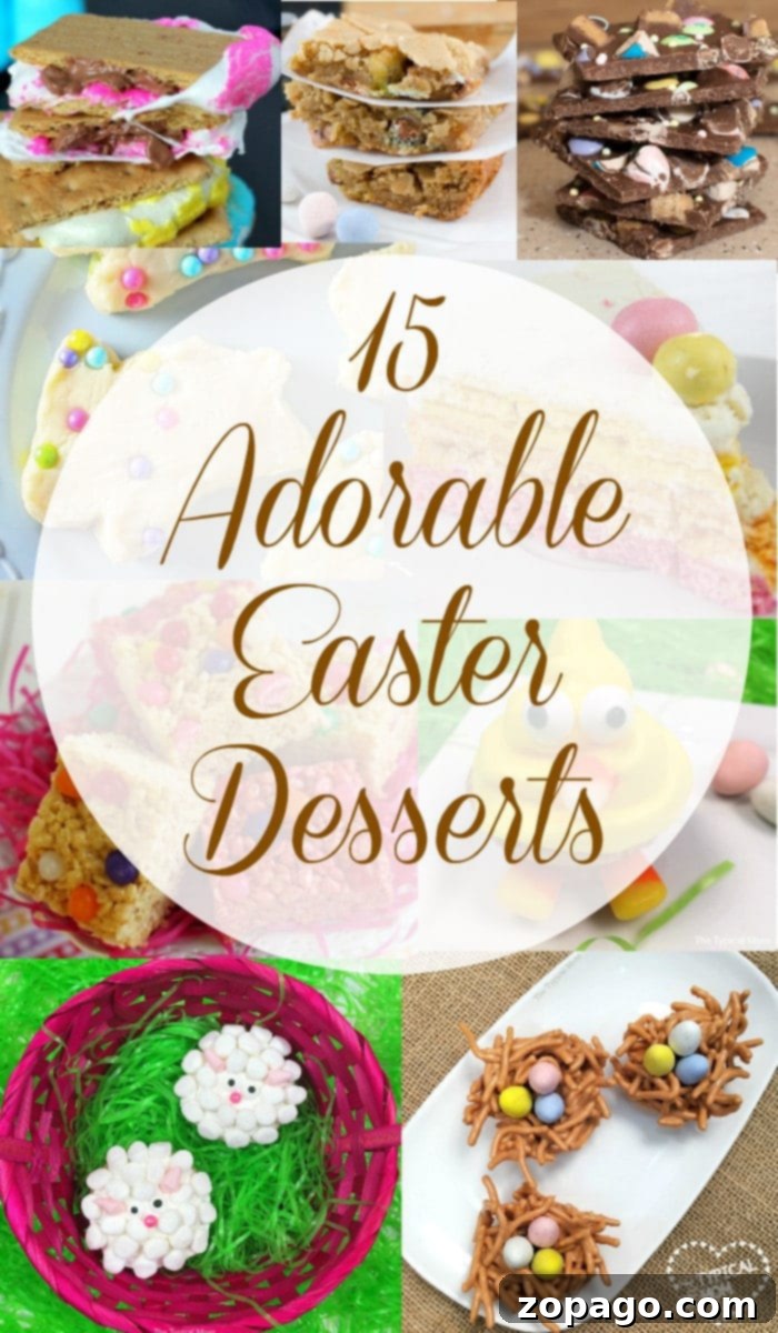 Cute Easter Desserts: Easy Recipes for Brunch and Gatherings A vibrant display of various cute and colorful Easter desserts including decorated cupcakes, chocolate nests with candy eggs, and other festive treats, perfect for an Easter brunch.