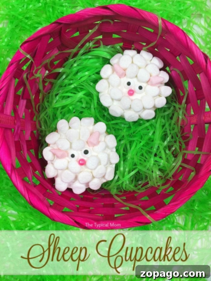 Here are some adorably cute Easter desserts that are not only delicious but fun to set out for Easter brunch and when you have company over!! From cupcakes, to nests and Easter desserts in Spring colors we love we have a bunch of treats everyone will love here. Close-up of fluffy sheep cupcakes, decorated with white frosting for wool and small candies for eyes, sitting on a colorful plate, perfect for Easter.