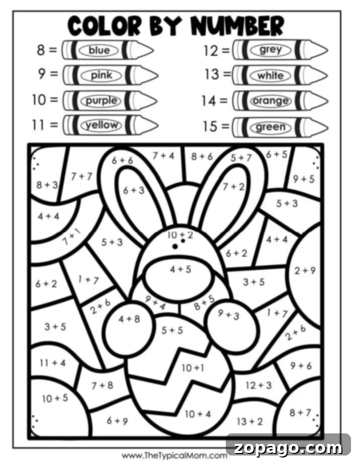 Easy Easter Delights 3 A vibrant Easter color by number worksheet featuring a cute bunny and eggs, ready for kids to color and enjoy.