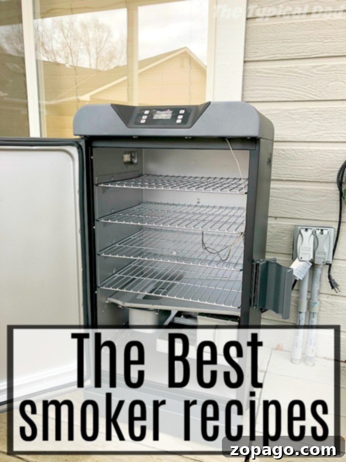 Best smoker for beginners and tips on how to use your smoker for the first time. If you're new to smoking meat I have some smoking for beginners tips for you so everything comes out delicious and you'll want to use it over and over again. Easy smoker recipes you should start with and what chips to use! #smoker #smokerrecipes #smokingmeats #thetypicaldad An open smoker with several empty racks sits invitingly on the patio. The text overlay proudly declares, "Discover the Best Smoker Recipes.