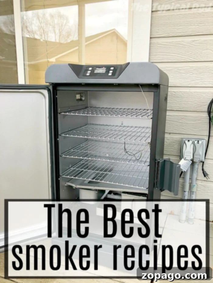Best smoker for beginners and tips on how to use your smoker for the first time. An open smoker with several empty racks, showcasing potential for various smoked meats. Text overlay suggests 'Discover the Best Smoker Recipes.'