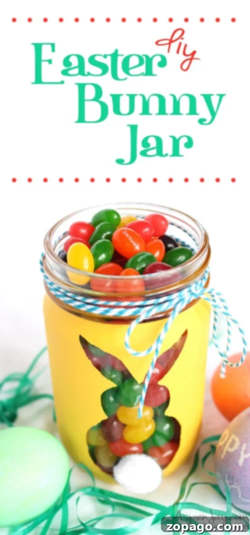 Craft this easy DIY Easter bunny jar for a fun spring treat or decoration! #easter #spring #craft #forkids #easy #masonjar #bunny #jar #treat DIY Easter Bunny Jar filled with jelly beans, perfect for spring decor or Easter baskets.