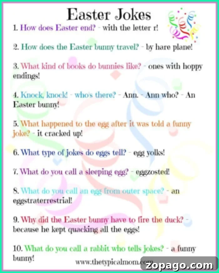 Egg-cellent Easter Jokes for Kids 7 Free printable Easter jokes for kids featuring cute bunnies and eggs