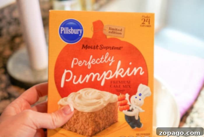Choose your favorite cake mix flavor for your small batch cupcakes. A box of pumpkin cake mix, ready to be used for a small batch of delicious, seasonal cupcakes.