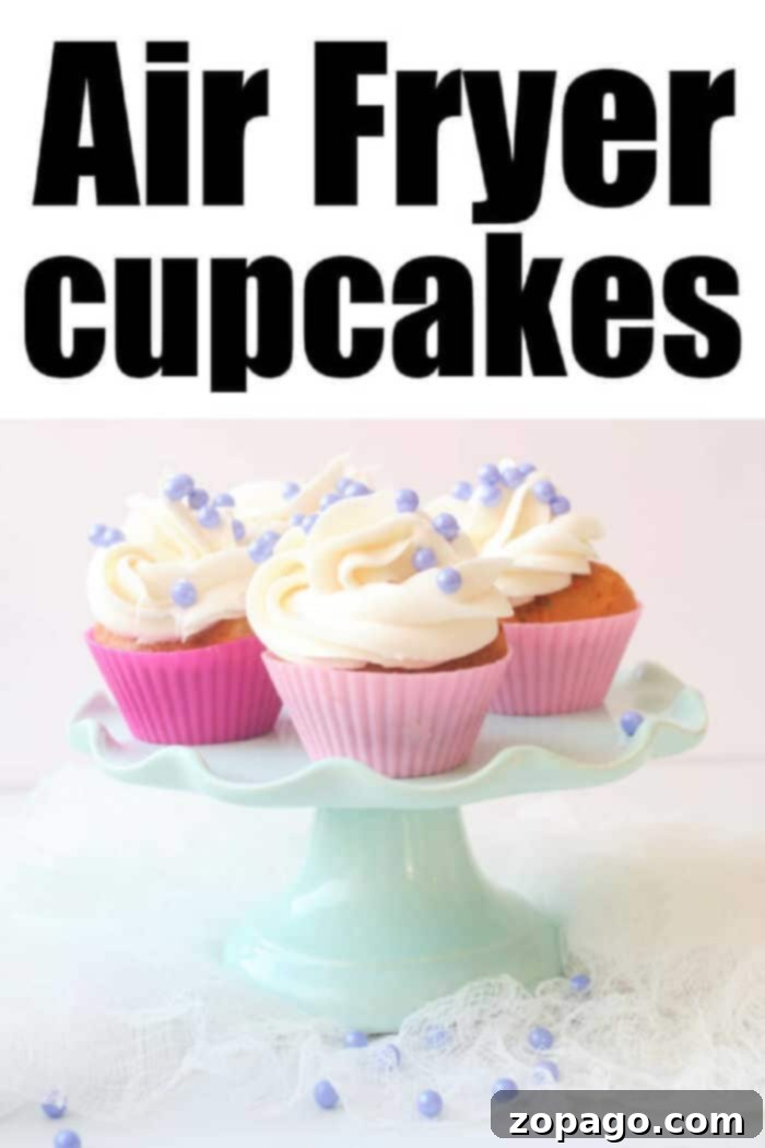 Bake delightful cupcakes in your air fryer for a quick dessert. Six perfectly baked, golden-brown air fryer cupcakes, ready to be frosted and enjoyed, highlighting the convenience of small batch baking.
