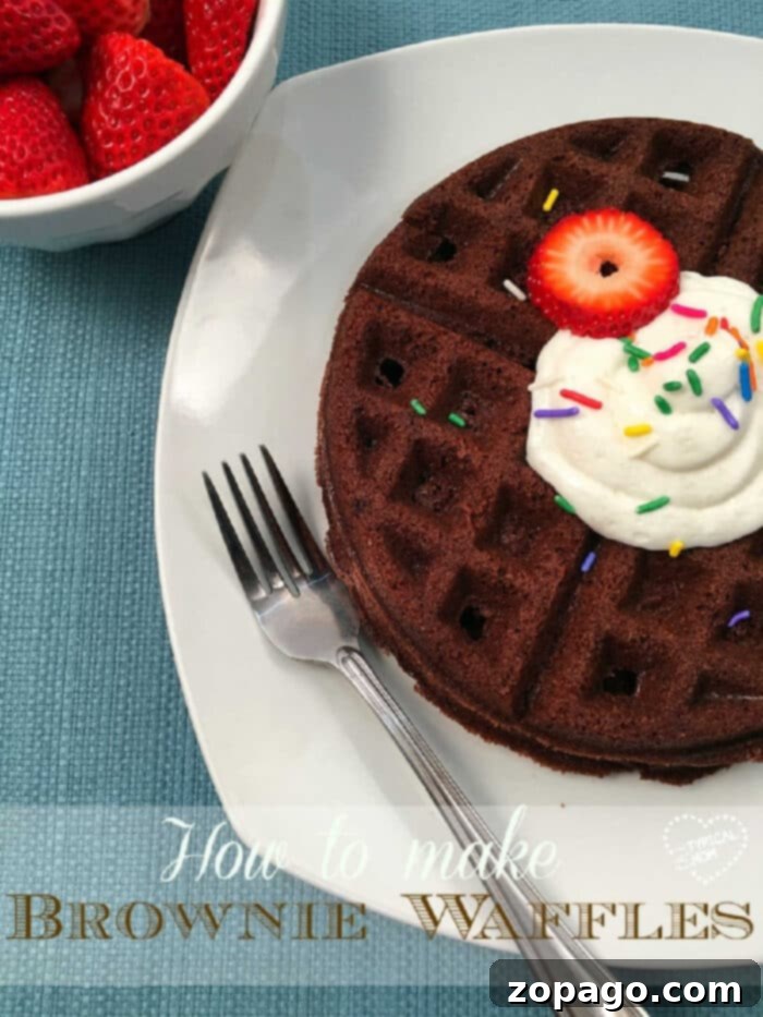Brownie waffles are an amazing and easy-to-make breakfast or dessert. Here's the recipe so you can create these delicious chocolate waffles too. Delicious brownie waffles topped with whipped cream, colorful sprinkles, and a fresh strawberry slice, served on a plate with a fork beside a bowl of whole strawberries. A perfect blend of chocolate and fruity freshness.