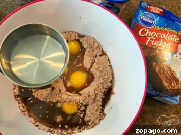 Fudgy Brownie Waffles 2 A mixing bowl prepared to receive chocolate fudge cake mix, eggs, and water, with a Pillsbury Chocolate Fudge box nearby, hinting at the delightful process of making brownie waffles.