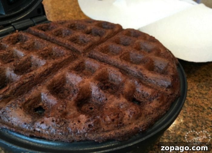 Fudgy Brownie Waffles 3 A rich chocolate brownie waffle sits enticingly within a partially open waffle maker, showing off its perfectly cooked texture and inviting aroma.