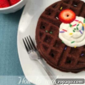 Brownie waffles topped with whipped cream, sprinkles, and a strawberry slice on a plate, served with a fork and a bowl of fresh strawberries.