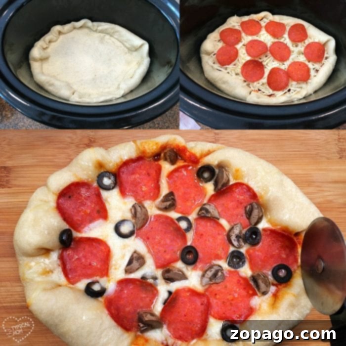 Slow Cooker Pizza 5 A vibrant, freshly cooked deep-dish pizza rests inside a slow cooker, brimming with melted cheese, pepperoni, and other delicious toppings, ready to be lifted out and served.