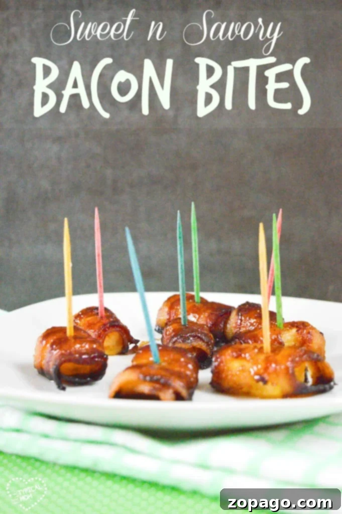 Bacon bites recipe perfect for a party or during the holidays!! Try this sweet and savory bacon pineapple appetizer that's so easy to make yourself! #bacon #pineapple #appetizer Bacon bites arranged perfectly on a rustic wooden board, ready for serving at a party.