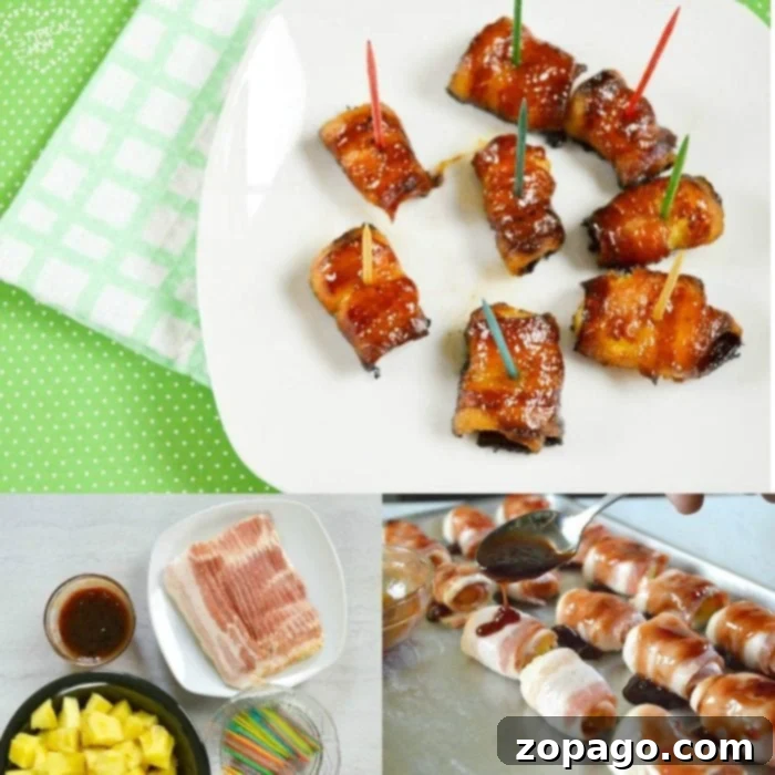 Pineapple Bacon Bliss 5 A vibrant platter of freshly baked bacon wrapped pineapple bites, garnished and ready to be served.