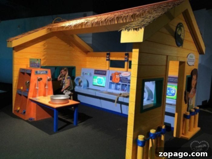 Overview of interactive exhibits at Discovery Cube OC Science Center. Interior view of the Discovery Cube OC children's museum exhibits