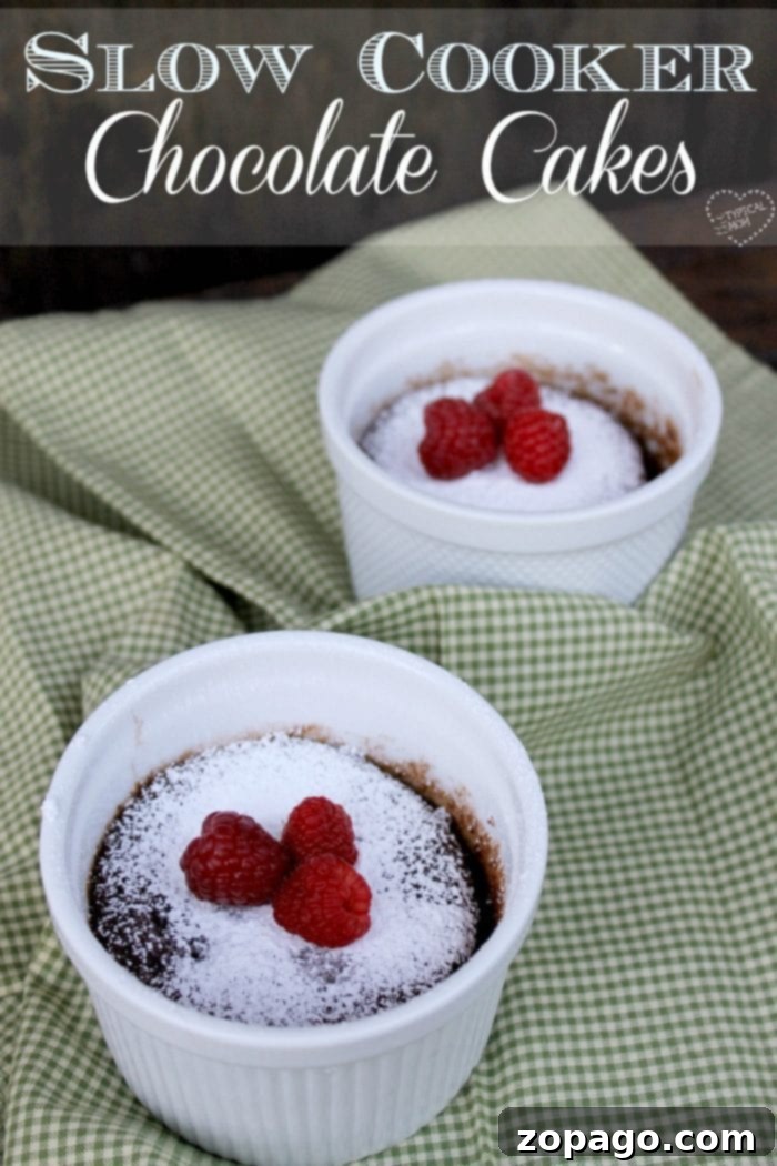 Easy Decadent Slow Cooker Chocolate Cake 4 Four individual chocolate cakes in ramekins ready for the slow cooker.