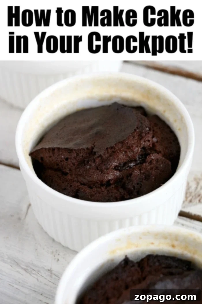 Crockpot chocolate cake: incredibly easy mini slow cooker cakes, ready in about an hour with an irresistible ooey-gooey texture. #crockpotrecipes #crockpotcake #chocolatecake #dessert #slowcooker Close-up of a mini crockpot chocolate cake, showcasing its rich, gooey center and delicate crust. A truly irresistible slow cooker dessert.