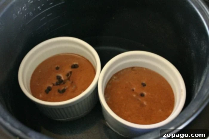 Crockpot cake that tastes amazing!! So easy to make these mini chocolate cakes in a slow cooker that are done in just an hour and an ooey gooey texture. #crockpot #cake #dessert #slowcooker A close-up of a slow cooker chocolate cake, highlighting its moist and gooey interior.
