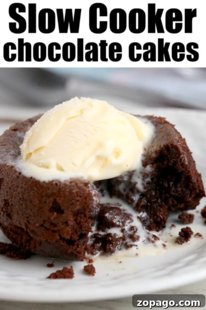 Slow cooker chocolate cake: a perfect mini cake recipe, easily made in a crockpot for an hour of cooking with a delightful gooey texture. #crockpotrecipes #crockpotcake #chocolatecake #dessert #slowcooker Detailed process of how to bake a cake in a crockpot, showing ramekins inside a slow cooker with water.