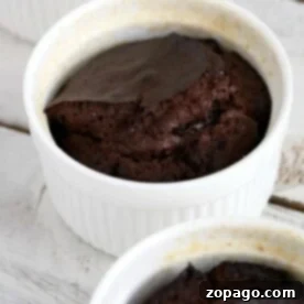 A chocolate soufflé in a white ramekin rests elegantly on the wooden table, its slightly crispy and cracked top reminiscent of rustic charm, surrounded by dishes echoing the warmth of a crockpot cake.