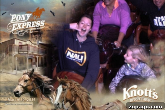 Knott's Berry Farm Photo Memories 5 People enjoying a thrilling ride on the Pony Express roller coaster at Knott's Berry Farm, perfectly captured in a lively FunPix image on March 30, 2016.