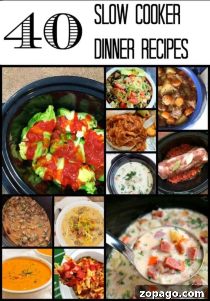 Easy slow cooker recipes including crockpot soup, pasta, casseroles and more. Great dinner recipes for your crockpot to try out this month. 40 in all! #crockpot #slowcooker #recipes #dinner #easy #dessert #soups Collage showcasing 12 easy slow cooker recipes, including soups, stews, and casseroles, with a title reading 40 Slow Cooker Dinner Recipes at the top.
