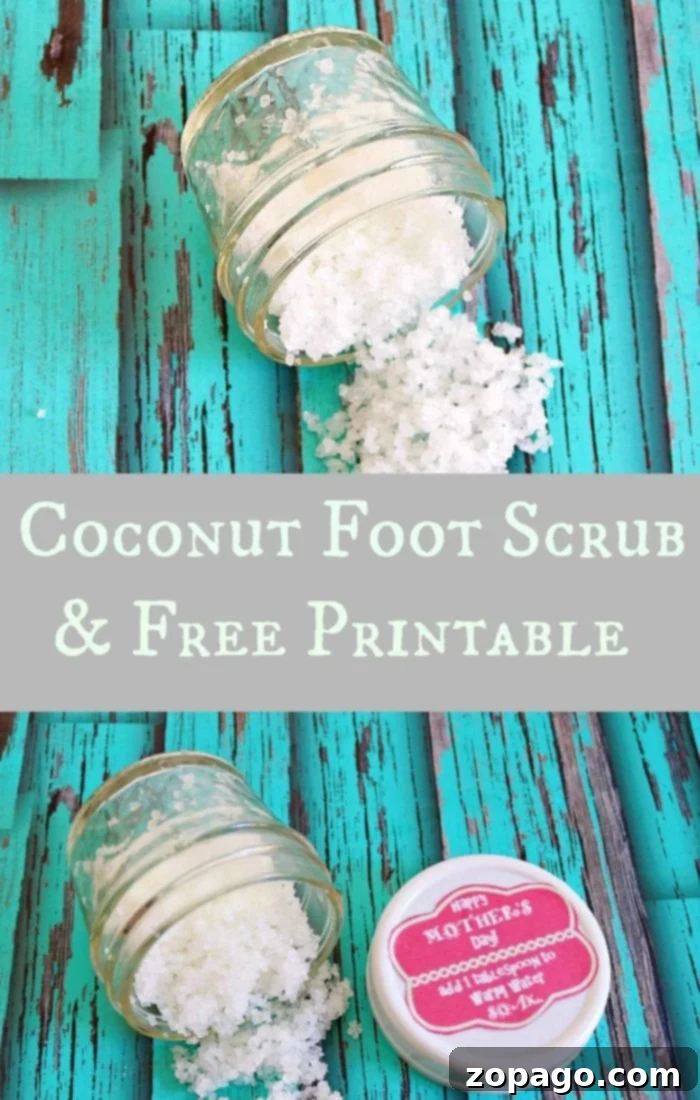 Tropical Coconut Foot Polish 3 A beautifully presented jar of homemade coconut foot scrub, with a rustic label and a hint of free printables, resting on a vibrant turquoise wooden surface, inviting a spa-like experience.