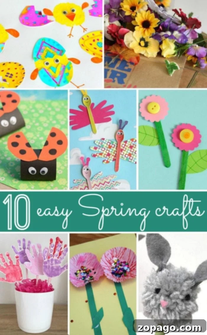 Simple Spring Craft Projects 2 Collection of 10 easy Spring crafts for kids, toddlers, and preschoolers, ideal for classroom or home activities.