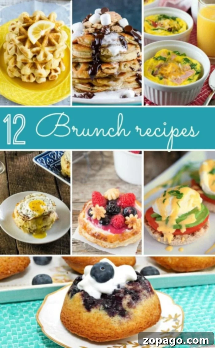 Easy brunch menu ideas perfect for a baby shower, Mother's Day, Easter or any occasion! Easy recipes that satisfy your savory and sweet tooth. Collage of various brunch dishes, including waffles, pancakes, egg bowls, muffins, and eggs Benedict, designed to inspire creative and diverse brunch menu ideas.