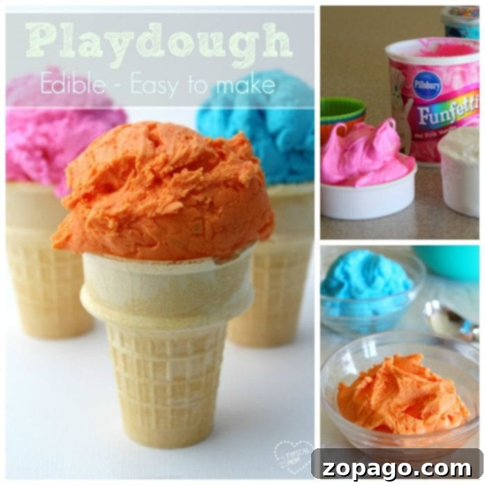 Easy 2 ingredient edible playdough that your kids will love! A simple playdoh recipe that is perfect for young children and fun to play with, even toddlers. #edible #playdough #playdoh #dough #craft #activity #rainyday #preschool #kindergarten #frosting Playdough shaped like ice cream scoops in cones, with containers of colorful edible playdough and ingredients nearby. Text reads: Edible Playdough - Easy to make.