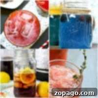 Four delightful baby shower drinks: a pink drink with ice, a refreshing blue drink in a Mason jar, iced tea garnished with lemon, and a raspberry concoction adorned with thyme.