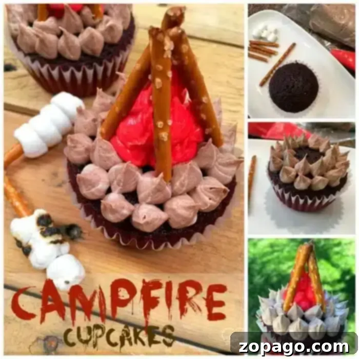 Happy Camper Cupcakes 5 A collage displaying the making of camping cupcakes, featuring ingredients like marshmallows and pretzels, and the final decorated cupcakes with red icing flames and pretzel logs.