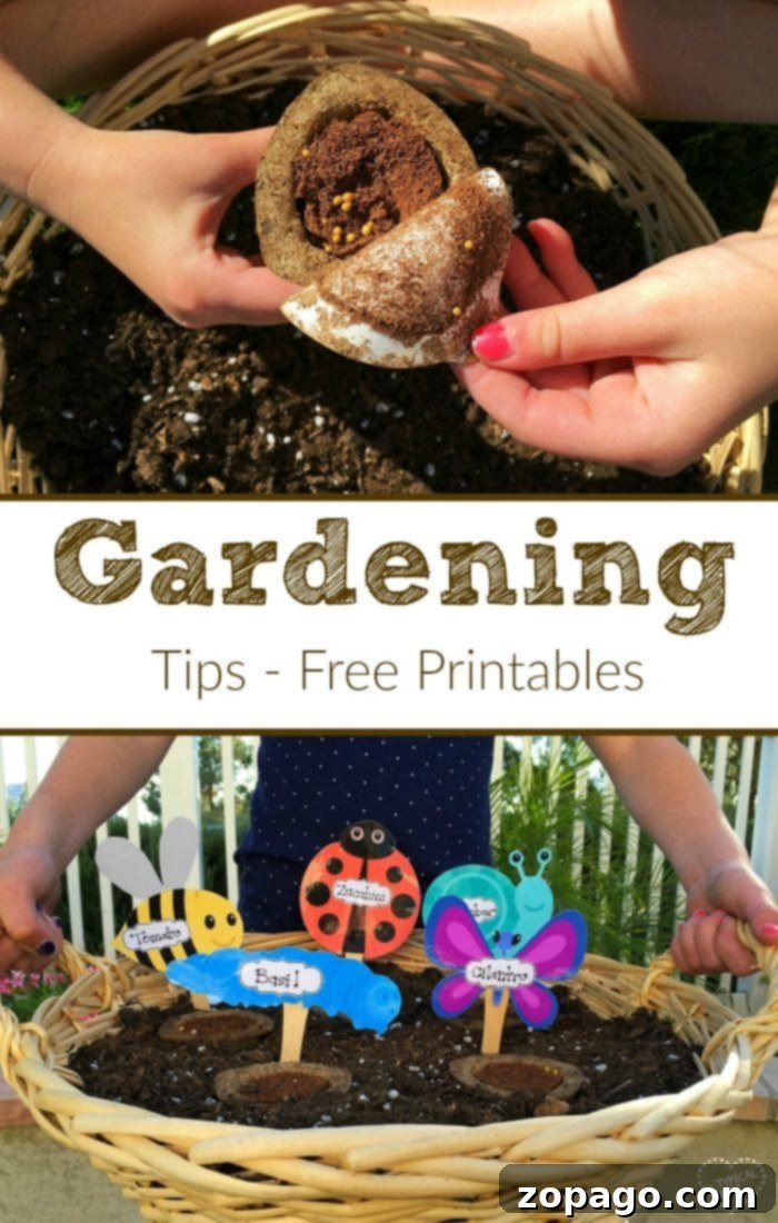 Inspiring fun and easy garden ideas for kids, including free printable garden markers for their first fruit or vegetable garden. Discover how to get seeds to grow quickly, essential for impatient young gardeners! Smiling child planting seeds, illustrating fun garden ideas for kids with printable markers