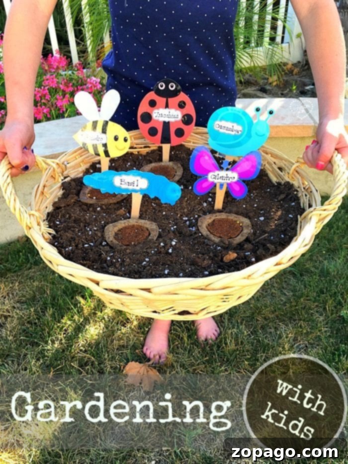 Here are some fun and easy garden ideas for kids, including free printable garden markers you can design and use in your first fruit or vegetable garden. Discover how to get seeds to grow quickly, essential for impatient young gardeners! Try this summer project this year. #gardening #kids #printables #garden #markers #tips #tricks Child proudly tending to their small garden with homemade markers, embodying great garden ideas for kids