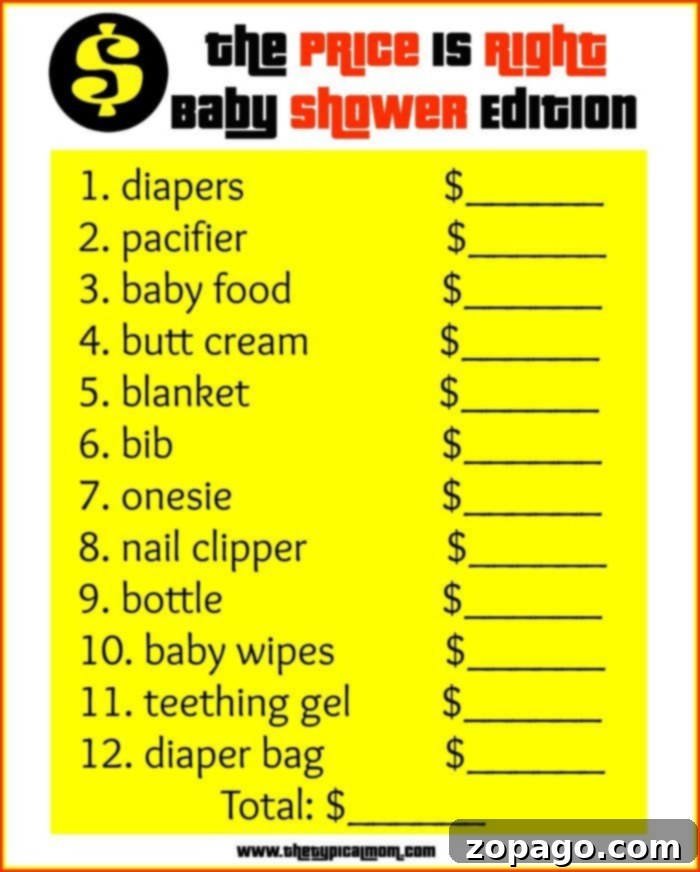 The Price is Right Baby Shower Game: Fun Guessing Challenge The Price is Right baby shower game printable showing various baby items and spaces for guests to write down their price guesses.