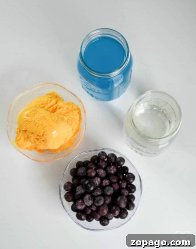 Blue Hawaiian Punch Recipe Ingredients Ready for Mixing Assortment of ingredients for blue Hawaiian punch: Hawaiian Punch, lemon-lime soda, blueberries, and sherbet