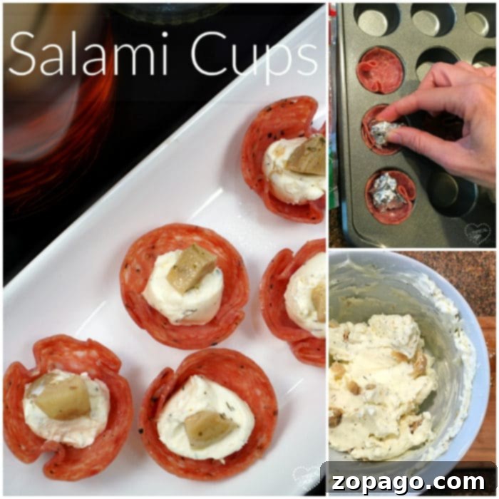 Salami cups! These are the best bite size cream cheese and artichoke appetizer with salami used as a little cup. You've got to bake these and serve them at your next Super Bowl party or just because friends are coming over. #salami #baked #cups #appetizer #creamcheese #artichoke #fingerfood #superbowl Salami cups filled with creamy cheese and topped with artichoke pieces, arranged on a white plate. These delectable, bite-sized appetizers are perfect for parties and gatherings.