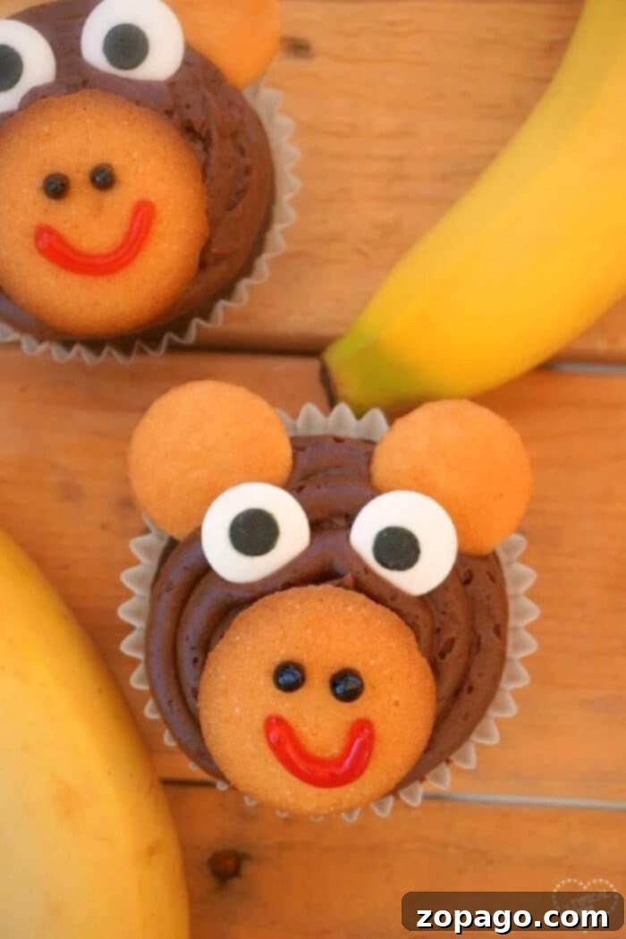 Adorable Monkey Cupcakes: Perfect for First Birthdays & Every Party. Learn to Make These Cute Treats! The cutest monkey cupcakes you've ever seen, featuring a chocolate cupcake with frosting, vanilla wafer ears, and a sweet monkey face. Ideal for a first birthday party or any celebration.