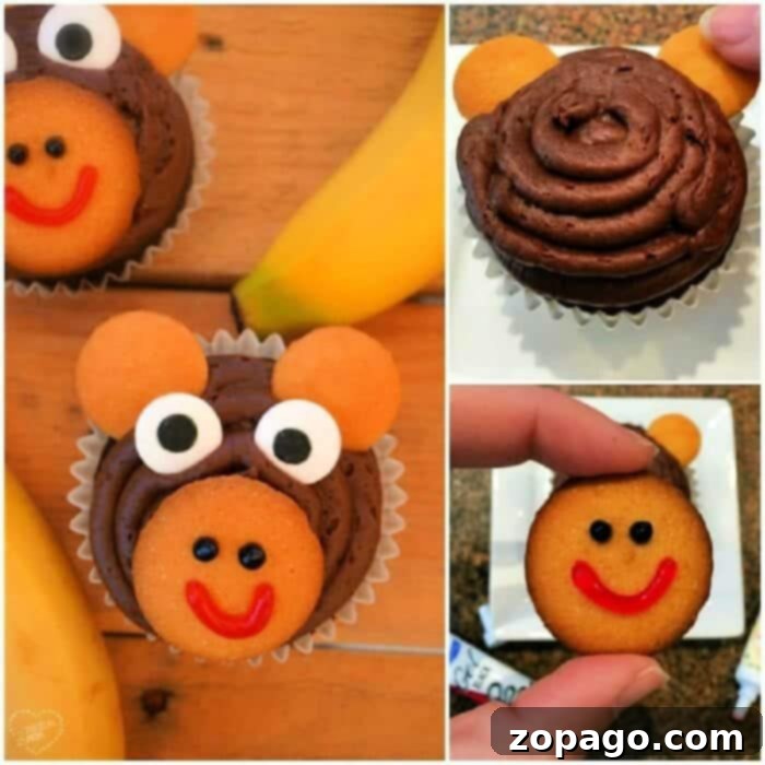 A Full Batch of Adorable Monkey Cupcakes, Ready for Your Celebration! A tray of freshly decorated monkey cupcakes, each with a chocolate base, vanilla wafer features, and expressive candy eyes, ready for a party.