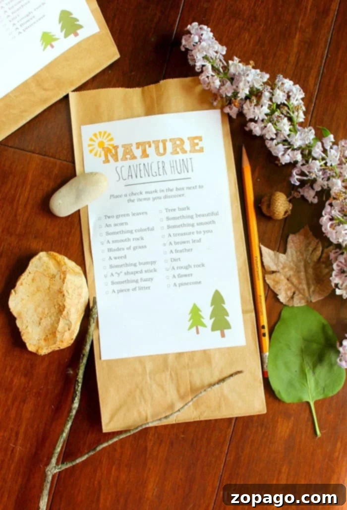 Printable Nature Scavenger Hunt: Collect Materials for Crafts Printable nature scavenger hunt list for kids, featuring items like leaves, sticks, and rocks, ideal for outdoor exploration.