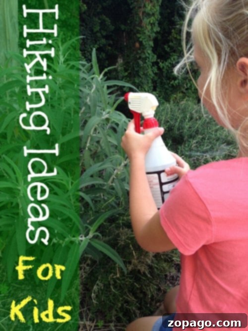 Inspire Young Adventurers: Hiking and Nature Craft Ideas for Kids Hiking ideas for kids: A child spraying water on plants, with text promoting incorporating nature crafts to inspire young adventurers, fostering a love for the outdoors.