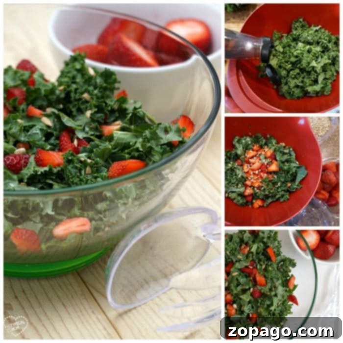 Balsamic Strawberry Kale Salad 3 Close-up of fresh strawberry kale salad with sunflower seeds