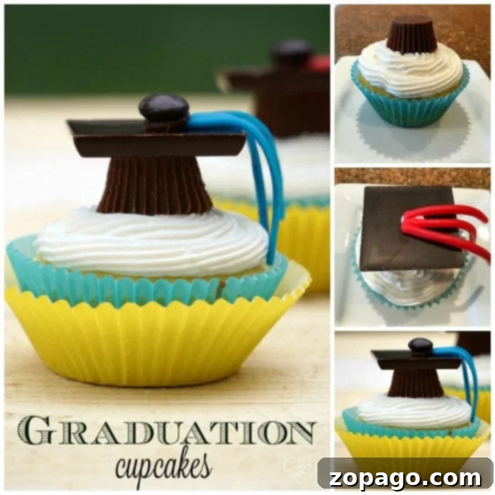 Close-up of graduation cap cupcakes with vibrant colored tassels.
