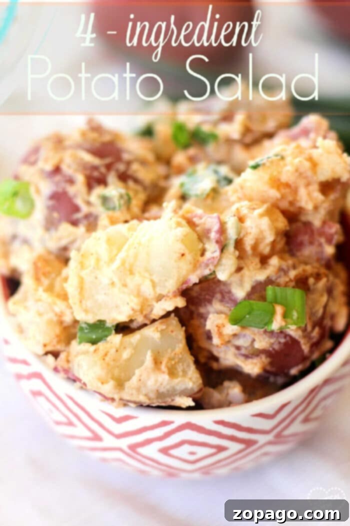 Simple potato salad recipe that is a great side dish for a bbq or potluck! Easy potato salad you can build on to and add what you like. A vibrant bowl of creamy potato salad, garnished with fresh green onions, showcasing a delicious potato salad no mayo recipe.