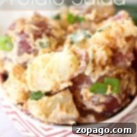 A bowl of creamy potato salad with red potatoes and green onions, topped with a light seasoning—a delicious potato salad no mayo recipe for a lighter touch.