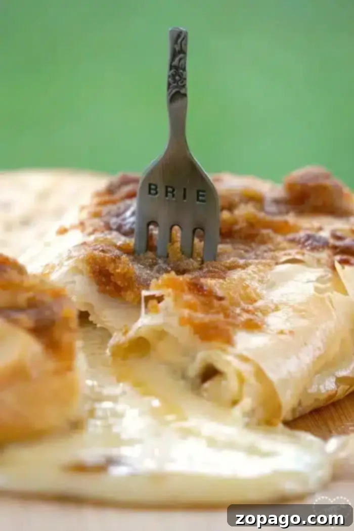 Flaky Baked Brie 2 Baked brie with phyllo dough, served with apples and honey, a perfect sweet and savory appetizer.
