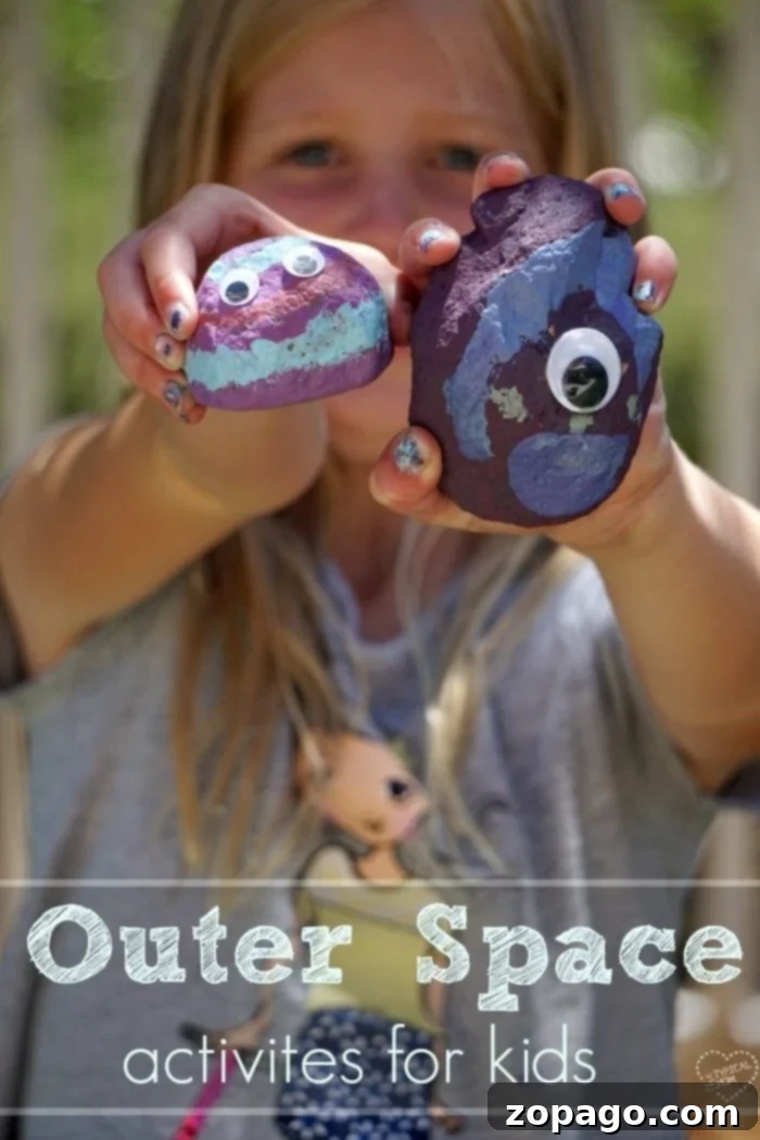 Inspire young imaginations with these fun space activities for kids, from creating unique art projects to playing free printable space bingo games, ideal for home learning or a space-themed birthday celebration. A child's hands painting a rock with vibrant colors, part of the engaging outer space activities for kids.