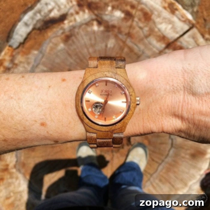 JORD Timeless Wooden Watches 3 Close-up of a JORD wood watch, showcasing its intricate details and natural grain.